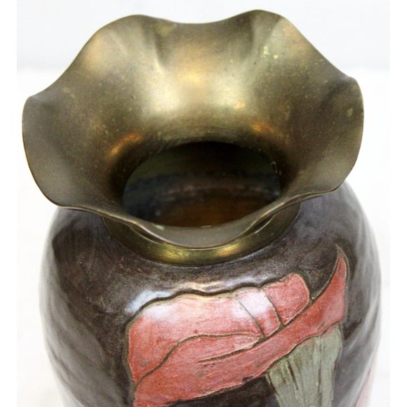 Vtg 80s Cloisonné Brass Vase Pink Lillies Brown Calla Cala Lily Ruffled Rim Top - Picture 6 of 10
